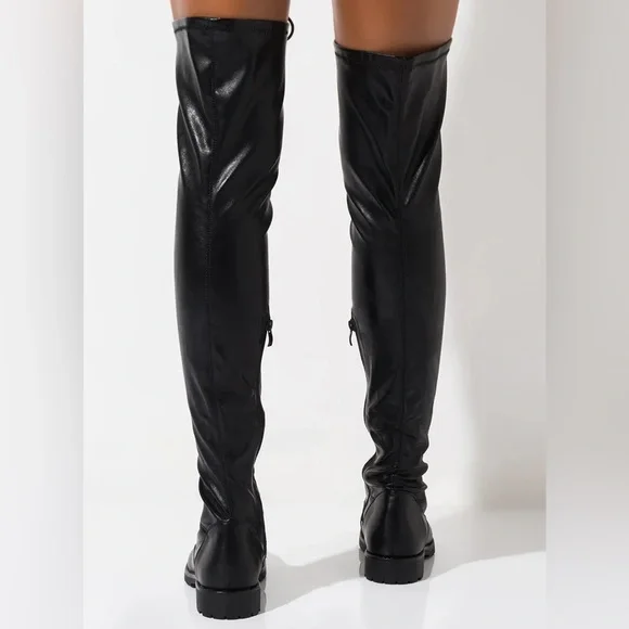 Azalea Wang thigh high Black stretch Faux Patent Lace Up Over Knee combat Boots - Picture 3 of 14